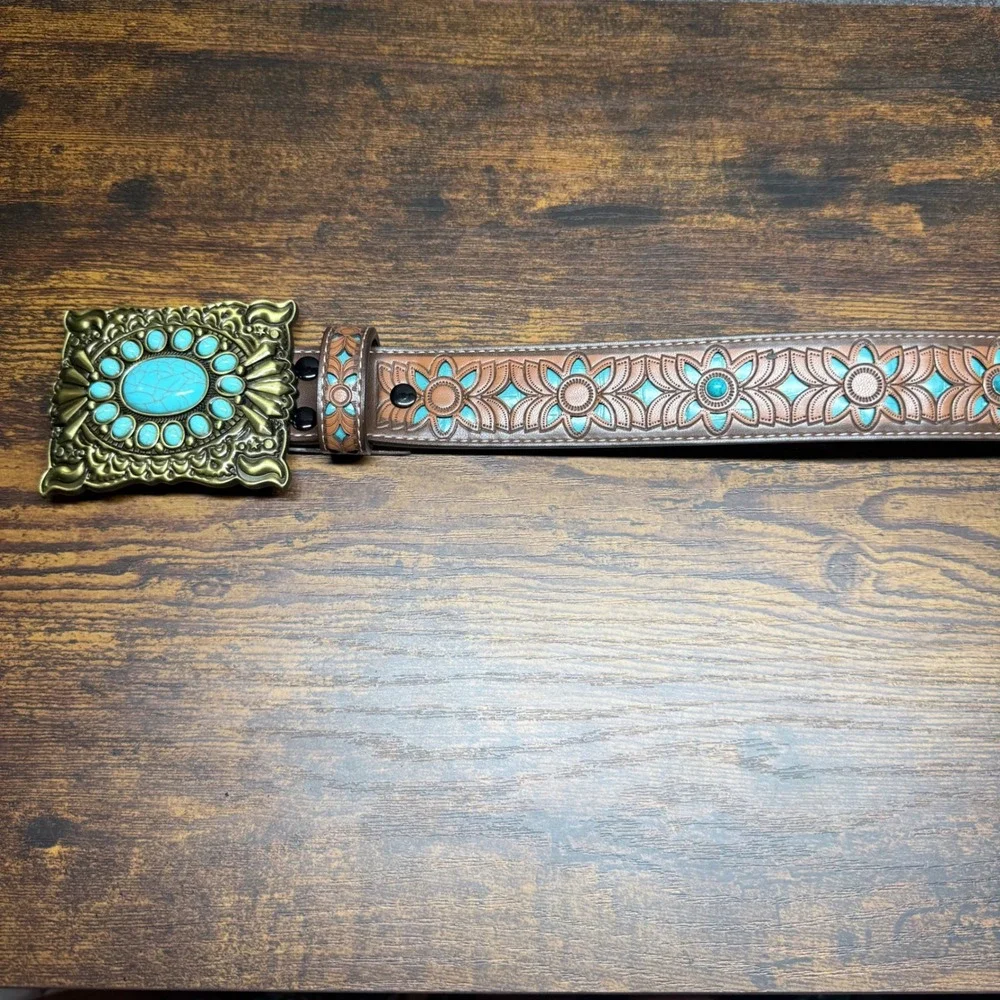 Western Faux Leather Belt Turquoise Tooled Floral Buckle 100cm Brown Boho